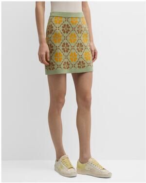 Lingua Franca Wool Cashmere Argyle Floral Mini Skirt Sage Gold Large NWOT